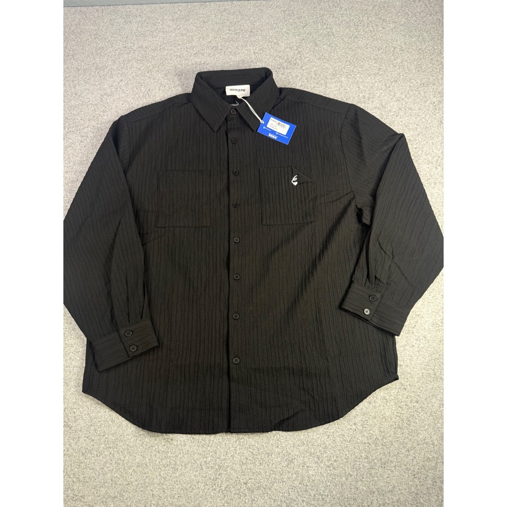 Sixth June Paris Mens Textured Button Down Shirt Black Long Sleeve Small